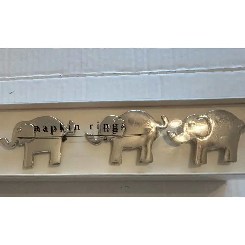 VTG PIER ONE Napkin Rings set of 4 Elephants Nickel Plated Silver Trunk Up Table